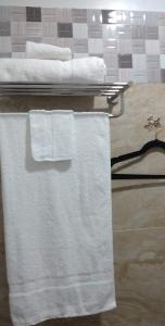 伊洛伊洛Donadel Hometel的浴室毛巾架上的两条毛巾