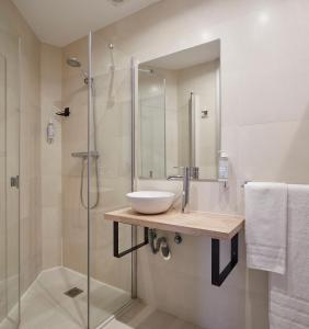 圣塞瓦斯蒂安格罗斯迎宾酒店的一间带水槽和淋浴的浴室