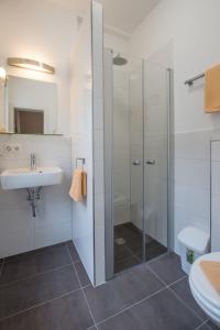 康斯坦茨施菲尔霍夫公寓式酒店的带淋浴和盥洗盆的浴室