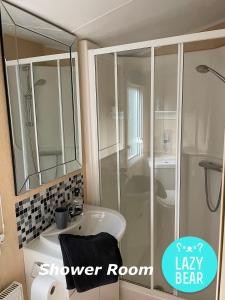 浦耳Lazy Bear, 25 Arne View的浴室设有淋浴室、水槽和镜子
