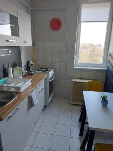 维斯普雷姆Olaszrizling Apartman的厨房配有水槽、炉灶和窗户。