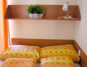 奥什恰德尼察Apartmán Oščadnica的架子上一床带两个枕头和植物