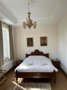 Grote-BrogelDe Pastory的一间卧室配有一张带吊灯的大床