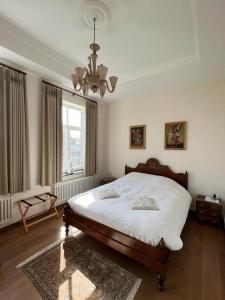Grote-BrogelDe Pastory的一间卧室配有一张大床和一个吊灯。