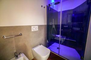阿西西Maison Portica 29的浴室设有卫生间和带紫色照明的淋浴。