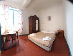 佩尔蒂库尔酒店的一间卧室配有一张床、一张书桌和一个窗户。