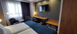 莱昂西尔肯路易德里昂酒店的酒店客房配有一张床、一张书桌和一台电视。