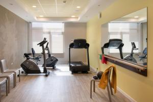 米卢斯LE JARDIN D'EDO的健身房设有跑步机,健身房提供健身自行车