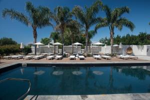 普罗奇达La Suite Boutique Hotel的一个带躺椅的游泳池,棕榈树
