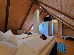 布尔格Zum Alten Schulhaus的配有木天花板的客房设有两张床。