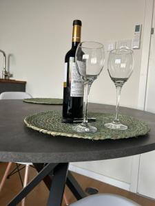 米德希特本-古里安נס הבריאה的桌子上放有一瓶葡萄酒和两杯酒