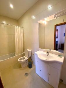 Vila ChãMindelo Beach House的一间带水槽、卫生间和镜子的浴室