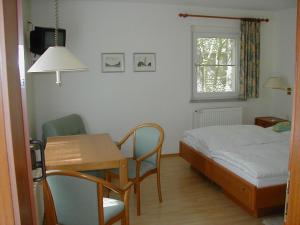 巴特萨罗皮斯库夫Haus Waldfrieden的一间卧室配有一张床、一张桌子和一张书桌