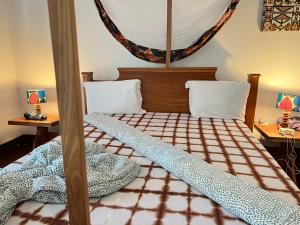 Mikumi巴斯蒂安营米库米度假屋的一间卧室配有一张四柱床和天蓬