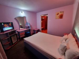 肯佩尼Hotel Yax的一间卧室配有一张床、镜子和电视