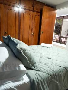 麦德林Aparta- estudio Ziruma 102的卧室里一张带蓝色枕头的床