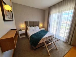 查韦斯阿尔贝加博尔赫斯酒店的一间卧室设有一张床和一个大窗户