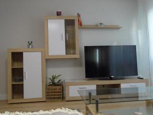 阿斯托加INSULA PLAzA MAYOR HOME的客厅配有平面电视和书架。