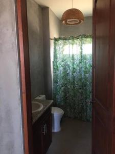 特卡特Cabaña Valzam 2 entre viñedos Rancho Tecate Resort的浴室设有淋浴帘、卫生间和水槽