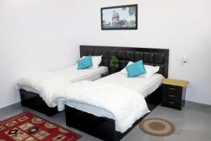 克久拉霍Khajuraho Glory Homestay的两张带白色和蓝色枕头的床