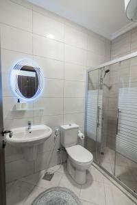 Ţāb Kirā‘Amman Sun Apartments的浴室配有卫生间、盥洗盆和淋浴。