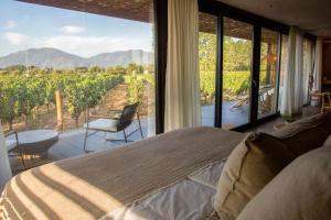 圣克鲁兹Vibo Wine Lodge At Viu Manent的卧室配有一张床,享有葡萄园的景色
