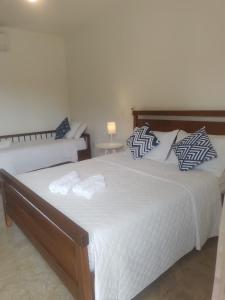 卡皮托利乌Pousada Cheiro da Terra的一间卧室配有两张带白色床单和枕头的床。