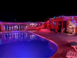 班珠尔Avalon Garden Lodge的一座带圣诞灯的游泳池的房子