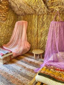 锡瓦Forest Camp Siwa - كامب الغابة的稻草小屋内的两张床,配有蚊帐