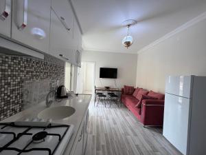 于尔居普Cappadocia 4 Luxury Aparts的一间厨房和一间带红色沙发的客厅