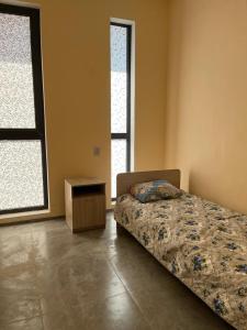 阿拉木图Tastaq hostel的一间卧室设有一张床和两个窗户。