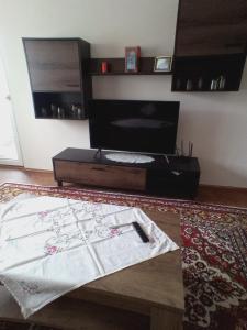 阿拉德Flat 4you & WI-FI的地板上配有桌子和毯子的房间