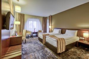 布拉索夫金色年华酒店的酒店客房设有两张床和电视。