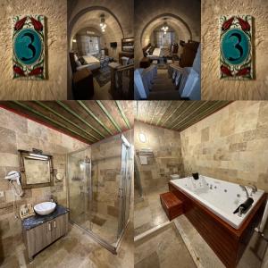 格雷梅Underground Cave Suites Hotel的浴室的两张照片,配有水槽和浴缸