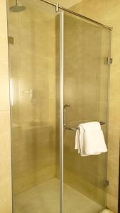 蒂鲁帕蒂马拉萨纳萨诺瓦尊贵酒店的玻璃门淋浴和毛巾