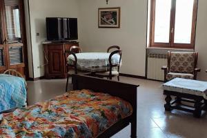 CassinascoIl canto del gallo - Country house的一间卧室配有一张床、一台电视和椅子