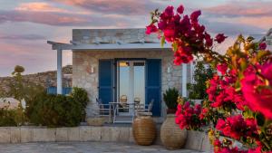 基莫洛斯岛Themonia Studios Kimolos的一座带蓝色门和一些花的房屋