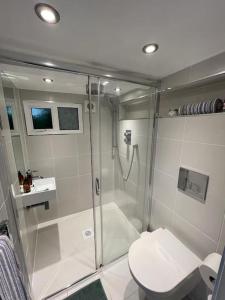 法尔茅斯Garden Room @ Bosanath Mill的带淋浴和卫生间的浴室