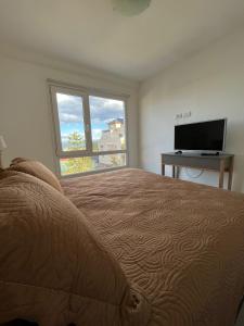 乌斯怀亚Depto en Los Canelos的一间卧室设有一张床、一台电视和一个窗口。