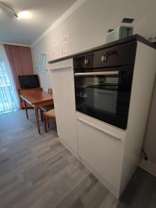 哈茨山区黑尔茨贝格HarzLiebe的厨房配有黑白烤箱和桌子