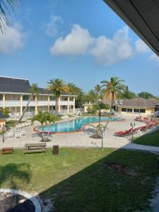 霍勒迪Holiday Hotel的享有度假村游泳池的景致