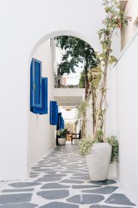 瓜鲁雅Pousada Villa Santô的走廊上设有白色的墙壁、蓝色的门和盆栽植物