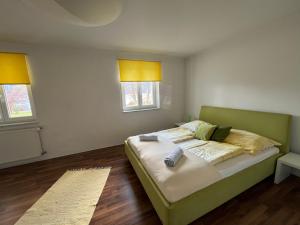 赛特朵夫Ferienhaus am See的一间卧室设有一张大床和两个窗户