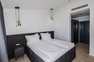 普罗马尼亚Marello的卧室配有一张带白色床单和枕头的大床。