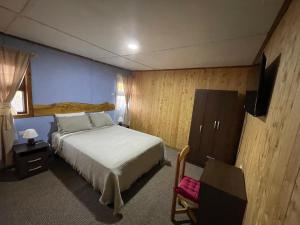 Teodoro SchmidtHostal Rama Fueguina的一间卧室配有一张床和一台平面电视