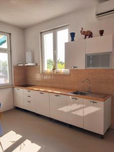 坎法奈尔Apartman Brina的厨房配有白色橱柜和水槽