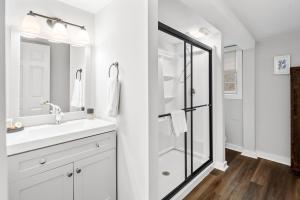West TisburyLambert's Cove Inn & Resort的白色的浴室设有水槽和淋浴。