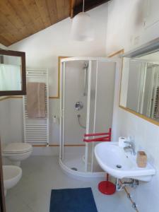 梅尔戈佐Appartamento AQUILONE的带淋浴、卫生间和盥洗盆的浴室