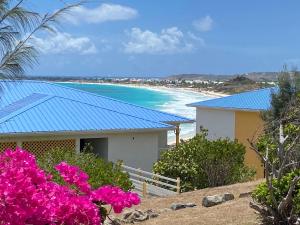 Cul de SacOcean Front studio , step to the beach的蓝色屋顶的房子和粉红色花卉海滩