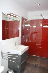 格拉尔-米里茨Ferienhaus Buhne V的红色的浴室设有水槽和淋浴